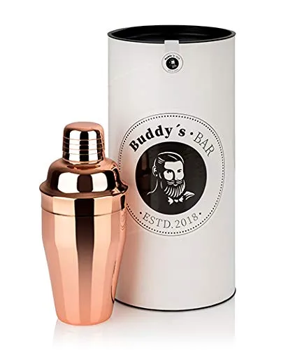 Buddy´s Bar – Bar-Shaker „Classic“, hochwertiger 500 ml Shaker, Cocktailshaker, lebensmittelecht, spülmaschinenfest, inklusive Geschenkbox, Edelstahl poliert, Kupfer
