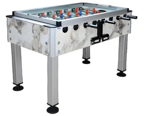 Professioneller beige Kickertisch aus Aluminium und MDF Holz - Vielseitiger Tischfußball-Tisch mit stabiler Glasabdeckung und robusten Figuren. Ideal für Familien und Freunde, Maße: ca. 135 x 77 x 90 cm. Perfekt für spannende Spiele und geselliges Beisammensein.
