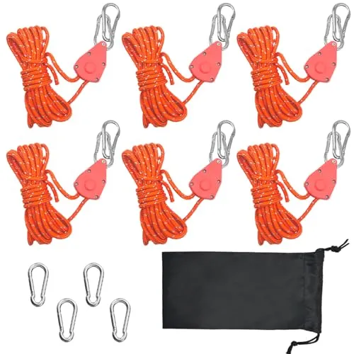 ChilArt 6 Stück Abspannseile mit Seilspanner,4m einstellbare seilratsche mit Haken,4mm Reflektierend Leichte Abspannleine Zeltschnur,für Campingzelte,Sonnensegel, Pflanzenlampe, Grow Light(Orange)