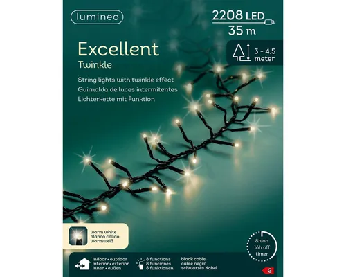 Lumineo LED-Lichterkette Lumineo Lichterkette EXCELLENT TWINKLE 2208 LED 35m warm weiß, schwarz, Indoor/Outdoor, 8 Effekte, 8h-Timer, + 5 Meter Zuleitung