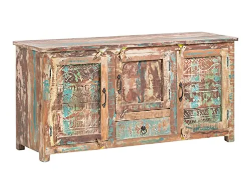 Woodkings Waschtisch Blue Lagoon I Doppelwaschtisch aus massivem Mangoholz - Eleganter Doppelwaschtisch aus farbigem Mangoholz mit viel Stauraum hinter drei Holztüren und einem Schubkasten. Ideal für individuelle Anpassungen und rustikales Badezimmer-Feeling.