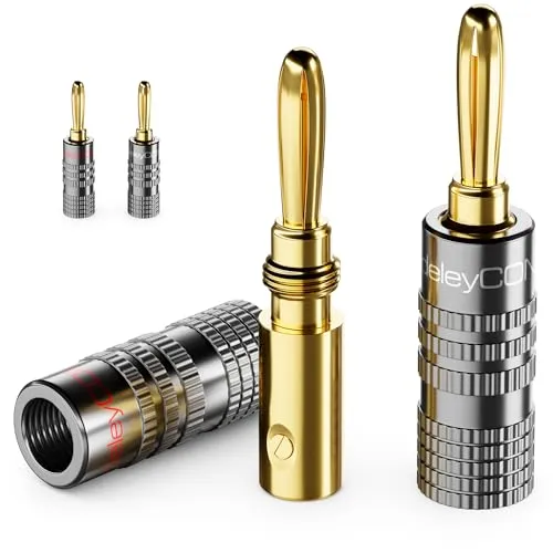 deleyCON 4 Stück Bananenstecker Set - Vergoldet Schraubbar für Lautsprecherkabel Boxenkabel 0,75 mm - 4,5 mm & z. B. HiFi Audio Heimkino Receiver - Grau