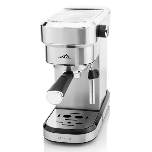 ETA Espressomaschine Stretto - 1350W, Slim-Design - Siebträgermaschine mit 750ml Wassertank und 15 Bar Pumpendruck. Schlankes Design für jede Küche, ideal für 2 Tassen gleichzeitig und mit Dampfdüse für köstliche Milchgetränke.