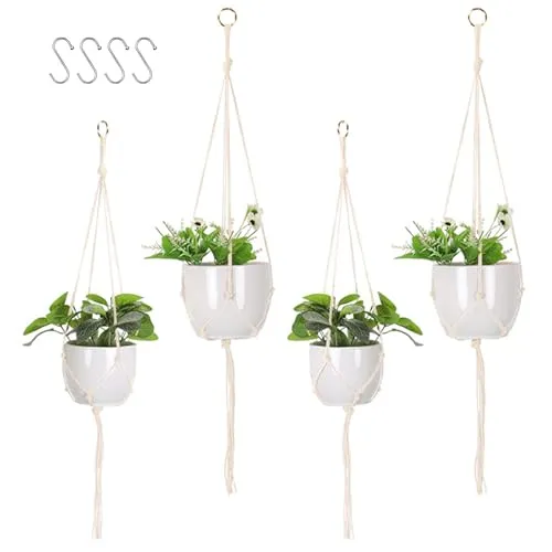 MisFun Makramee Blumenampel 4er, Blumenampel Hängend Makramee Baumwollseil Hängeampel Set, Boho Deko Blumentopf für Pflanzen Halter Aufhänger für Innen, Außen, Garten, Balkon, Terasse, Fenster