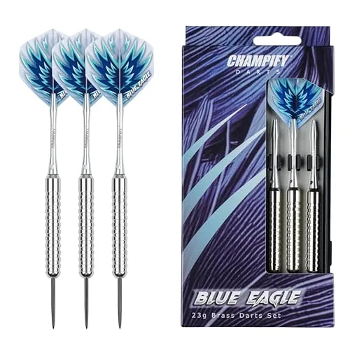 Champify® Brass Darts Set „Blue Eagle“ – 3 Dartpfeile mit 23g Barrel & Stahlspitze | inkl. 6 Alu-Schäfte, Flights & Zubehör | Präzise Steel Darts für Anfänger & Profis | Dartpfeile Set