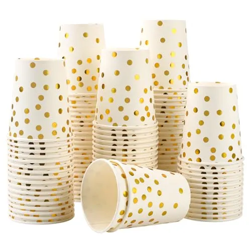 CEILIWEN Packung mit 100 Schwarz-Goldenen Party-Papierbechern, 9 OZ/250ml Gold Polka Dot Papierbecher, Party-Papierbecher für Heiß- und Kaltgetränke