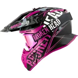 Broken Head Crosshelm Squadron Rebelution Pink + MX-2 Brille Pink Verspiegelt - Motorradhelm mit MX-Brille im Set. Größe S (55-56 cm), leicht und atmungsaktiv. Ideal für Dirt, Motocross und Supermoto. Ausgestattet mit Bluetooth-Vorbereitung und herausnehmbarem Innenfutter für hohen Tragekomfort.