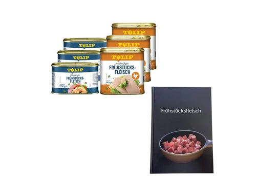 TULIP Wurstkonserve Frühstücksfleisch Schwein 200g + Hähnchen 340g Delikatesse +Kochbuch, (Set, Frühstücksfleisch Schwein + Hähnchen + Kochbuch)