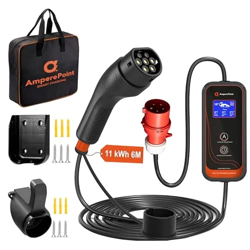Ampere Point Mobile Wallbox 11 kW 16A Typ 2, Ladestation mit Einstellbarer Ladeleistung 8-16A, Ladekabel mit Länge 6 m, mit CEE Stecker 400V, Tragbares EV-Ladegerät für Elektroautos mit Tragetasche