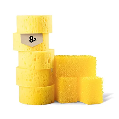 Emma Grün® Universell Schwamm 8er Set [5X Pflegeschwamm Weich + 3X Putzschwamm Rau] - Saugstark & Effektiv - Autoschwamm lackschonend - Handpolierschwamm Auto - Insektenschwamm Auto Reinigungsschwamm