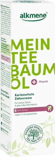 Alkmene Mein Teebaumöl Kariesschutz Zahncreme - Arzneimittel mit 6-fach Schutz für gesunde Zähne und Zahnfleisch, enthält 100% naturreines Teebaumöl und Fluorid für effektiven Kariesschutz und frischen Atem.