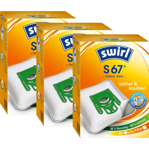 SWIRL Staubsaugerbeutel S 67 EcoPor für Siemens - 3er-Pack mit 12 Beuteln - Staubsaugerbeutel für Bosch & Siemens, umweltfreundlich und mit 3 Airfiltern für optimale Luftqualität.