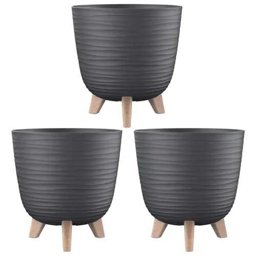 Engelland - 3 x Blumentopf mit Füßen & Bewässerungssystem, Anthrazit, Ø 28 cm, Pflanzkübel, Übertopf, Wellenmuster, Innen- & Außenbereich, Drainagesystem & Wasserspeicher, rund, Kunststoff