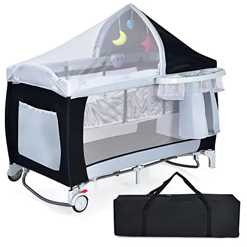 COSTWAY 4 in 1 klappbares Reisebett & Babywiege & Wickeltisch & Laufstall mit Schaukelfunktion, inkl. Spieluhr, Spielbogen, Wickelauflage, Matratze, Windel Organizer und Tragetasche (schwarz)