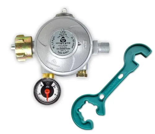 Bluecraft Gasregler 50mbar mit Manometer - Gasdruckminderer für Innenräume mit doppelter Überdrucksicherung, inkl. 2-in-1 Gasreglerschlüssel für einfaches und sicheres Anschließen von Propangasflaschen.