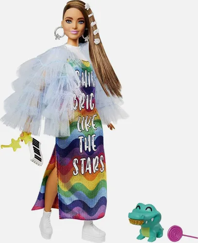 Barbie GYJ78 Extra Puppe mit Regenbogenkleid und Haustier-Krokodil - Puppen mit 15 Zubehörteilen, modischem Regenbogenkleid und flexiblen Gelenken. Ideal für kreative Geschichten und zur Förderung der individuellen Ausdrucksweise von Kindern ab 3 Jahren.