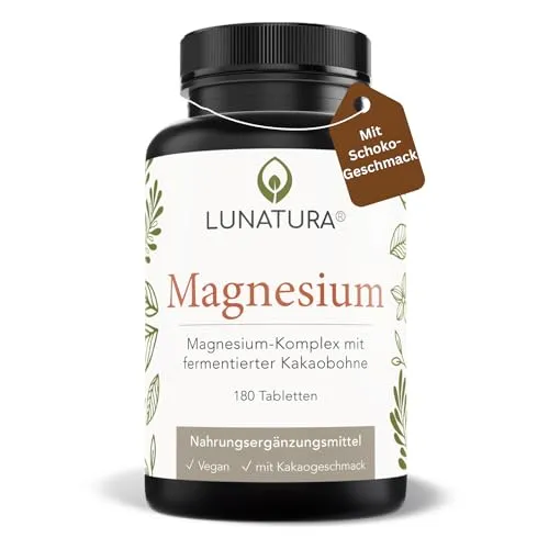 Lunatura® Magnesium Komplex mit Schoko-Geschmack - Mit fermentierter Kakaobohne - 375 mg Magnesium pro Tagesdosis - 180 vegane Tabletten