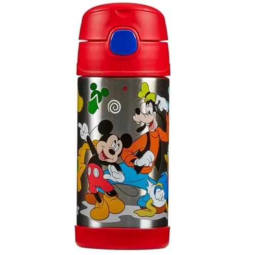 THERMOS kids FUNTAINER STRAW BOTTLE DISNEY 0,35 l, Mickey, Thermoflasche Kinder aus Edelstahl mit Trinkhalm, 12 h kalt, spülmaschinenfest, dicht ohne Kohlensäure, Disney Flasche für Kita, Schule
