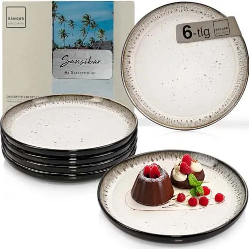SÄNGER Sansibar Dessertteller Set 6 teilig - Elegantes Steingut Geschirr für 6 Personen, spülmaschinen- und mikrowellenfest, ideal für jeden Anlass und verleiht Ihrem Tisch einen Hauch von Exotik.