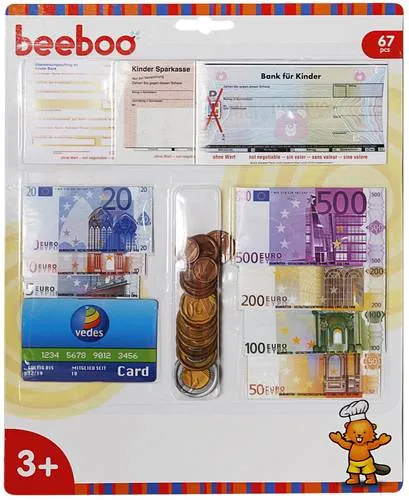 BEK Spielgeld Euro - 55-teiliges Set für Kaufladenkasse, ideal für Kinder ab 3 Jahren, Kartengröße W250xH315mm