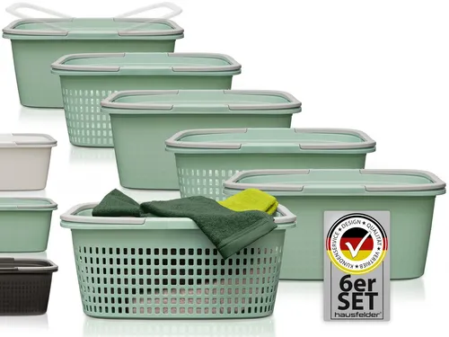 Hausfelder Wäschekorb Wäschewanne 58x37x25cm (Jadegrün, 3 Körbe + 3 Wannen 35 l) (Set, 6 St., 3 x Wäschekorb + 3 x Wäschewanne), mit klappbaren Henkeln, mit Griffen, 35 Liter
