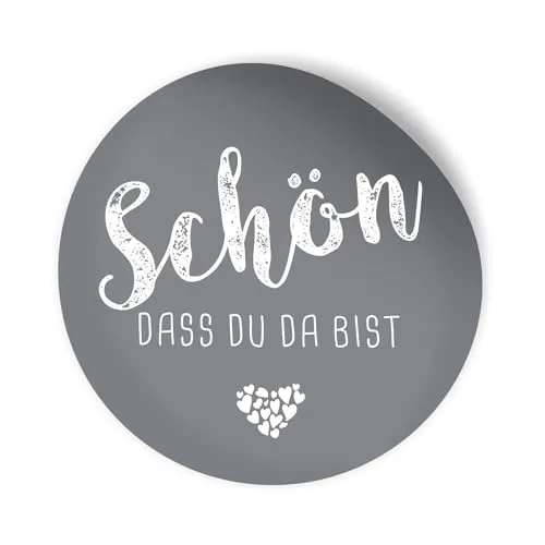 itenga 24x Sticker Schön dass du da bist Aufkleber rund 4cm selbstklebend - Sticker ideal für Gastgeschenk (grau)