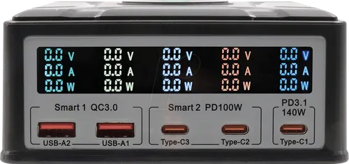 EXSYS EX-1107 - Multiport High Power Charger mit QI 15W - Weiteres Notebook-Zubehör mit integrierter Wireless Charging-Funktion und 260 W Gesamtleistung, ideal für gleichzeitiges Laden von bis zu 6 Geräten.