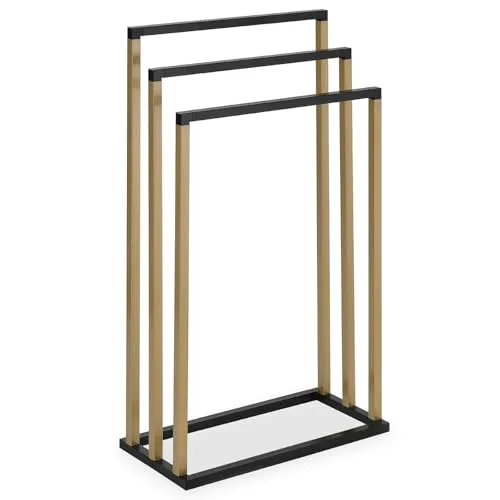 Handtuchhalter KUNO - Freistehender Badetuchhalter in Schwarz und Gold - Handtuchhalter & -stangen: Edles Design mit 3 versetzten Stangen, ideal für kleine Bäder und vielseitig als Kleiderständer nutzbar.