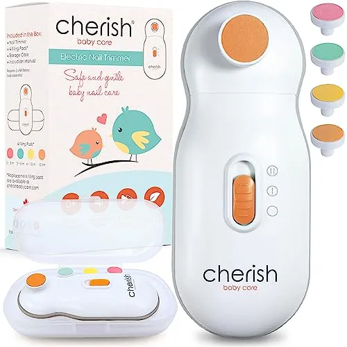 Cherish Baby Care Elektrische Nagelfeile Baby - Automatischer Sicherheitsstopp, Baby Nagelfeile Elektrisch mit 4 Feilpads, Baby Nagelset mit Etui, Baby Must Have Neugeborene (0-12+ Monate)