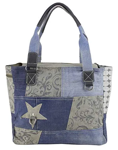 Sunsa Handtasche. Damen Tasche. Große Damentasche. Nachhaltige Shopper. Schultertasche aus recycelte Jeans Stoff & Canvas in Retro Vintage Stil