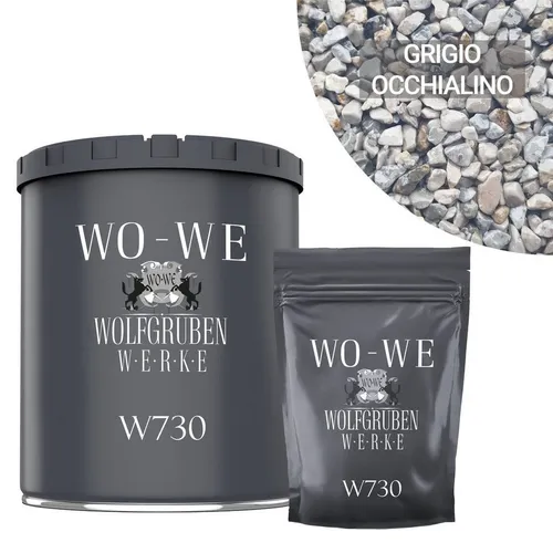 WO-WE Bodenfliese Steinteppich Set Marmorkies Bodenbeschichtung W730 2qm, Korngröße 1-4mm, Naturgrau - Grigio Occhialino, Set, 25KG Marmorkies + 1,5KG 2k Bindemittel