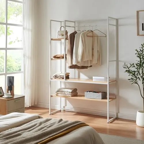 [en.casa] Kleiderständer Horgau mit Kleiderstange Garderobenständer MDF offener Kleiderschrank mit 3 Fächern und 2 Ablagen 180 x 120 x 40 cm Eicheoptik/Weiß