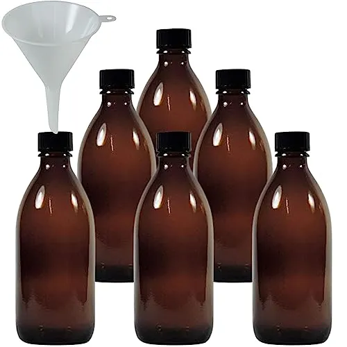 mikken 6 x braune Medizinflasche 200 ml, Apothekerflasche, Laborflasche - made in Germany & BPA-frei - inkl. Einfülltrichter