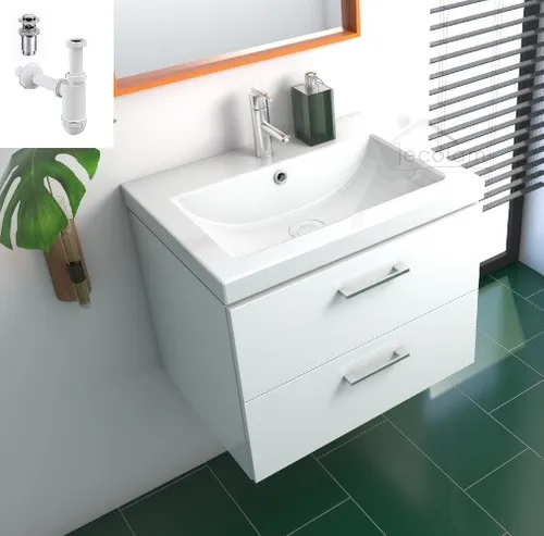 Badmöbel Waschbecken 60 Waschtisch Schublade weiß Unterschrank Siphon ClickClack