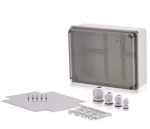 Industriegehäuse Set 190x145x70mm Kunststoffgehäuse Abzweigkasten Universalgehäuse Wandgehäuse mit Scharnierschrauben Schutzart IP65 inklusive Montageplatte, Kabelverschraubungen & Wandhalterung