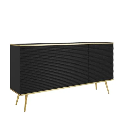 Kommode Banff K160 MDF - Schwarz - Goldene Beine - Rillierte Fronten - Breite 160 cm, Höhe 85 cm, Tiefe 39 cm
