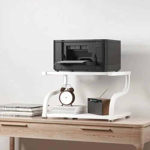 URLINE Druckerständer mit Stauraum, 2-stöckig, Schreibtischregal, Druckertisch-Organizer, rutschfest, strapazierfähig, modernes Holzregal für Büro, Zuhause, Weiß