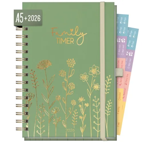 Family-Timer 2026 Deluxe - A5+ Wochenkalender in Grün - Familien-Organizer 2026 mit Hardcover, 4-spaltiger Übersicht für bis zu vier Personen, inklusive Sticker und praktischen Funktionen für effizientes Zeitmanagement.