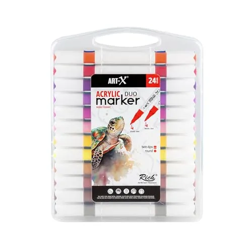 ART-X Acryl Marker Set – 24 Farben mit Doppelspitzen - Vielseitiges Marker-Set mit 24 wasserbasierten Farben, ideal für Künstler und Hobbyisten. Mit feiner und breiter Spitze zum Zeichnen, Illustrieren und Basteln. Ungiftig und schnelltrocknend.