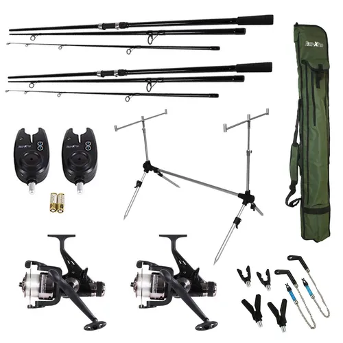 Karpfen Angelset mit 2 Ruten und Freilaufrollen - Komplettes Karpfen Angelset mit 2 Ruten, Freilaufrollen und Bissanzeigern. Ideal für Süßwasserangeln und perfekt für Karpfenangler.