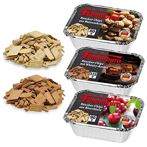 FLAMMBURO Räucher-Chips 3er-Probier-Set - Kirsche, Walnuss, Whisky - Smoking Wood Chips, Grill, Smoker, BBQ, Späne, Mehl, Schnitzel - Kirsche, Walnuss, Whisky Aroma (Probierpack 3er Set)