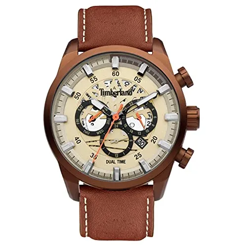 TIMBERLAND HENNIKER III TDWGF2100604 - Braun/Beige - Herrenuhr mit Quarzwerk und Chronograph, wasserdicht bis 5 ATM. Ideal für stilbewusste Männer, die Komfort und Sportlichkeit schätzen.
