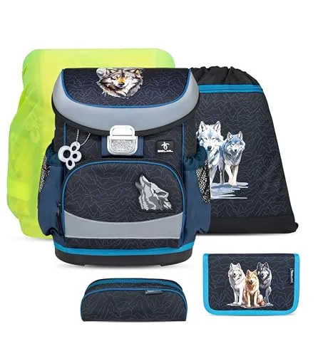 Belmil ergonomischer Schulranzen Set 5-teilig mit Regenschutz 1, 2 Klasse Grundschule/Super Leicht 800-860 g/Brustgurt 405-33/AG/S/R (Wolves Pack)