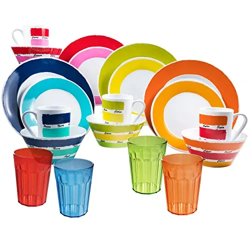 Camping Geschirr Set aus Melamin für 4 Personen - 20 Teile - mit Trinkgläsern Bunt 450 ml - Campinggeschirr Essgeschirr modernes Campinggeschirr