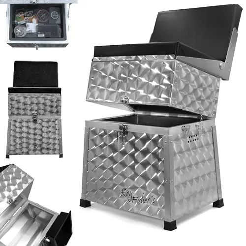 Roy Fishers Sitzkiepe mit Angelkiste – Stabiler Angelkoffer - Robuste Sitzkiepe für Angler, mit leichtem Aluminiumrahmen und großem Stauraum. Ideal für lange Angelausflüge, komfortable 45cm Sitzhöhe und verstärkter Rahmen für zusätzliche Stabilität.