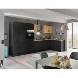 Küchenblock mit E-Geräten CORNWALL III - braun - Küchenzeile mit Backofen, Geschirrspüler und Kühlschrank, platzsparend und ideal für kleine Küchen.