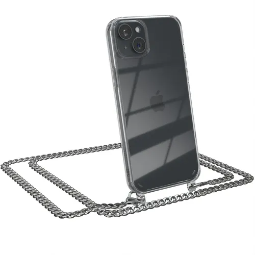 Für Apple iPhone 15 Plus Case Handyhülle zum Umhängen Kordel Tasche Kette Silber