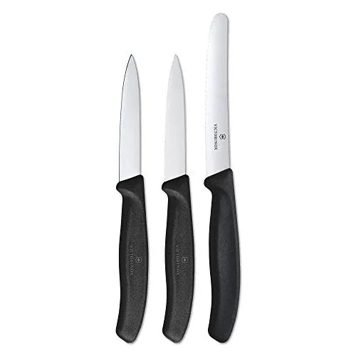 Victorinox Swiss Classic, Küchenmesser Set, 3teilig, Gemüse-, Tomaten- und Frühstücksmesser, Robuster Kunststoffgriff, Rostfreier Stahl, Schwarz