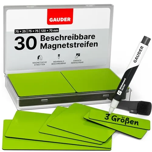 GAUDER Magnetetiketten beschreibbar - Wiederverwendbare Magnetschilder zum Beschriften für Whiteboard, Tafel, Kanban-Board und Kühlschrank - Magnetkarten mit Marker (30 Stück - 3 Größen)