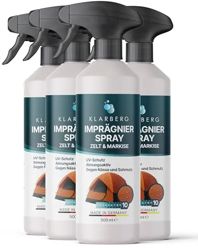 KLARBERG Pavillon & Zelt Imprägnierung - Imprägnierspray Zelt, Markisen und Pavillon - Atmungsaktive Flächen- und Nahtdichtung für Zelte - Outdoor Imprägnierspray - Biologisch Abbaubar (4X 500 ml)
